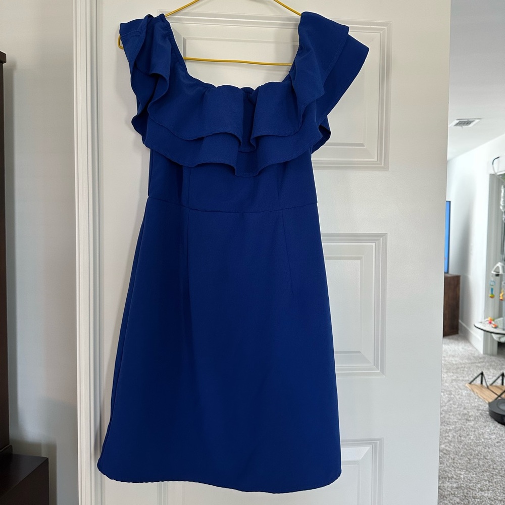 Blue Blush One Shoulder Ruffle Dress